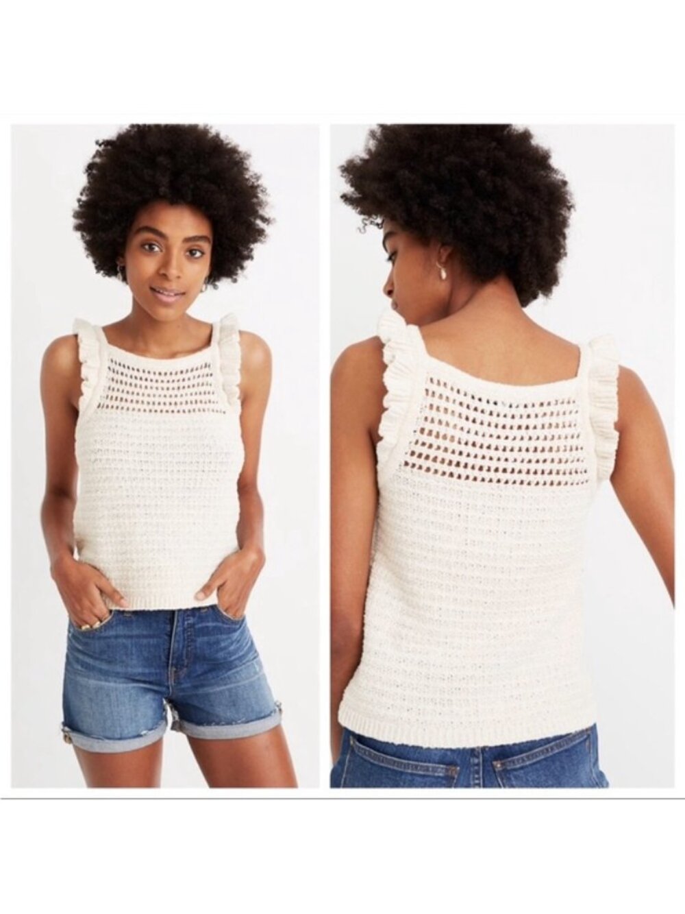 Madewell Ruffled Crochet Sweater Tank in Dark Nightfall / Navy Blue Size M